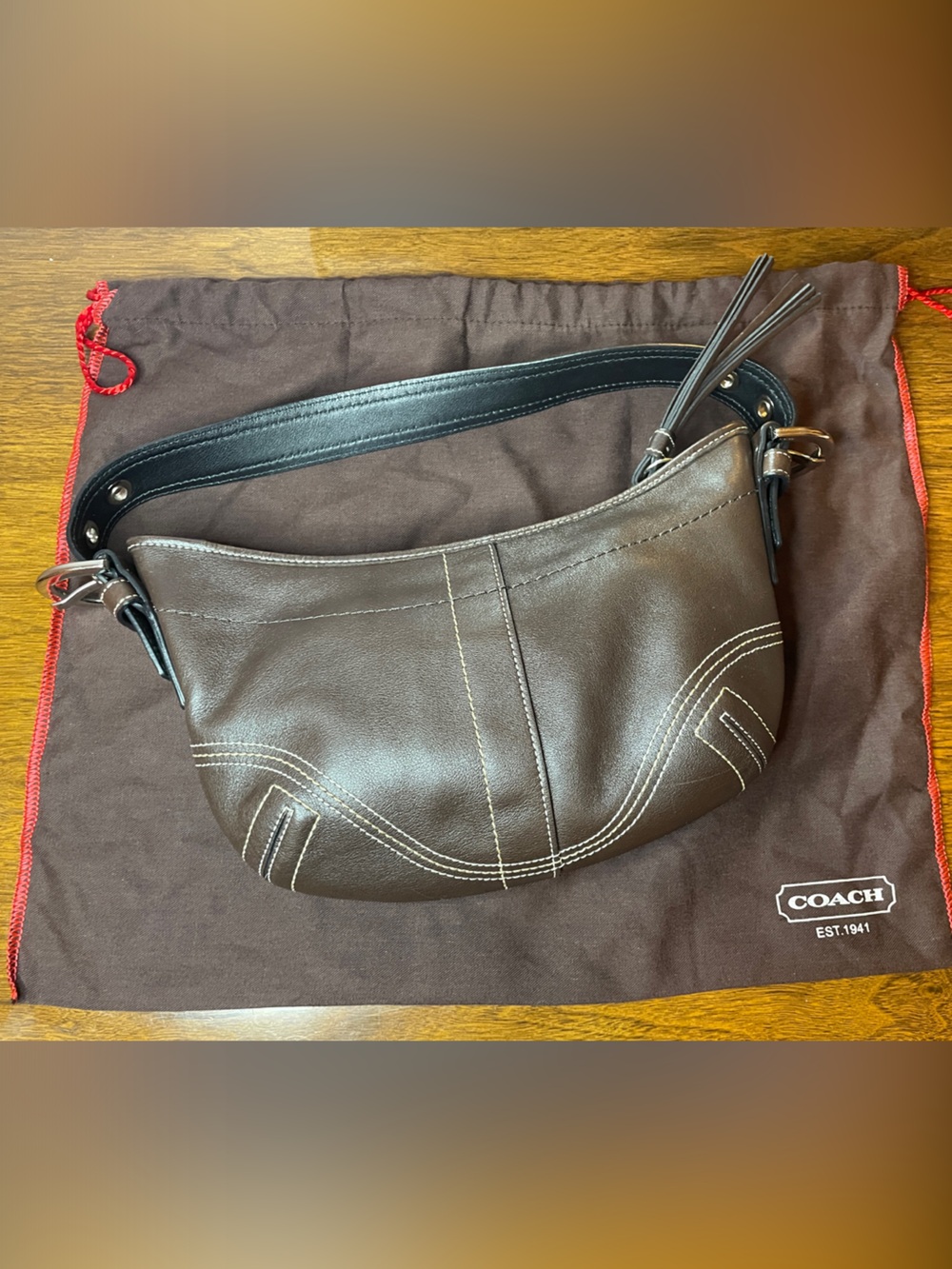 Coach Brown Leather Shoulder Hobo with Black Strap